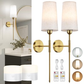 NookNova Battery Operated Wall Sconce Set of 2, 13000mAH Rechargeable Wall Sconce with Remote Dimmable Wireless Battery Powered Wall Lamp Decor Fixture for Bedroom Living Room Fabric Shade Gold+Beige