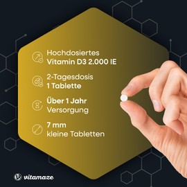 Vitamin D3 2000 IU High Dose, Supply for Over 1 Year, 50 mcg of Pure Cholecalciferol per 2-Day Dose, Sun Vitamin for Bones and Immune System, Made in Germany