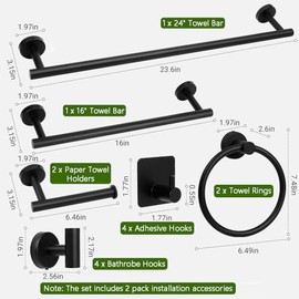 Matte Black Bathroom Towel Bar Set, 14-Piece Stainless Steel Hardware Bathroom Accessories, 16" and 24" Towel Racks for Bathroom Walls