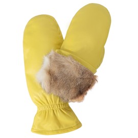 NOVBJECT Women Leather Mittens Finger Rabbit fur Lining Winter Sheepskin Soft and Warm, Yellow, L