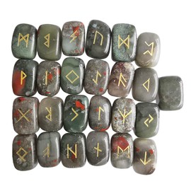 Lovionus89 Natural Rune Stones Set, Polished Engraved Elder Futhark Alphabet Magic Lettering Crystal for Meditation Divination Healing Chakra,Africa Bloodstone