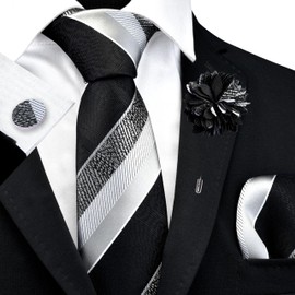 GUSLESON Grey Black Tie for Wedding Mens Silk Striped Necktie Pocket Square Cufflinks and Lapel Pin Brooch Set (6108-53)