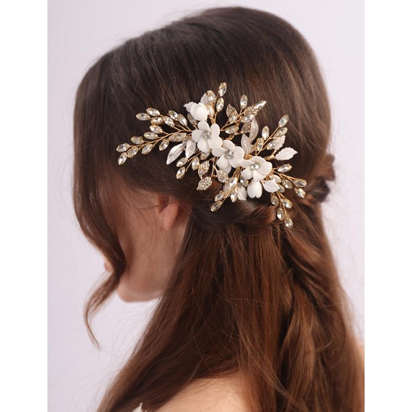 Rumtock White Flower with Rhinestones Gold Leaf Hair Comb Handmade