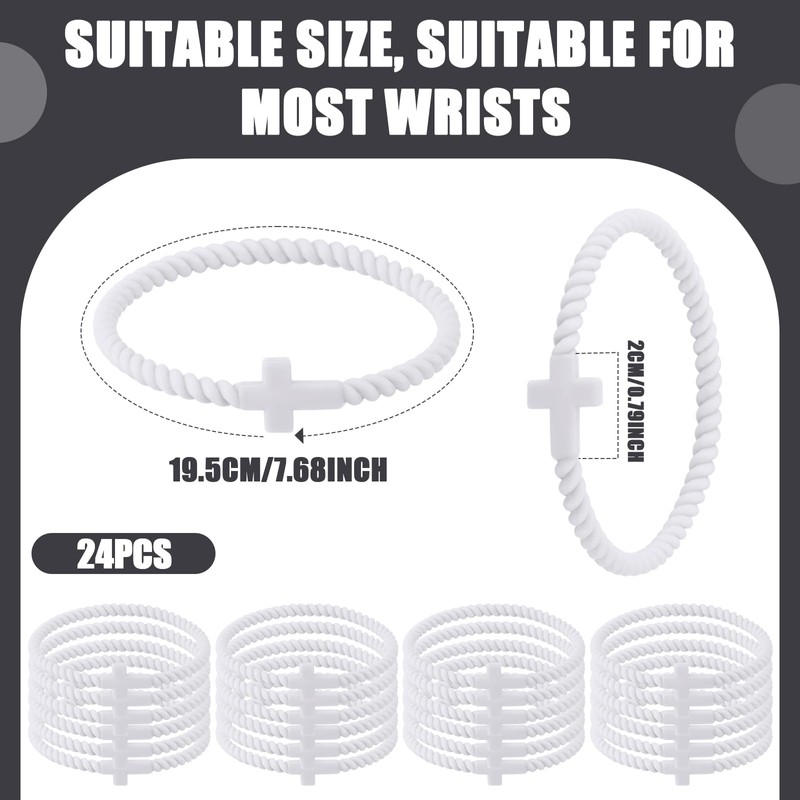 Soaoo 24 Pcs Christian Bracelets Cross Silicone Bracelet White Braided