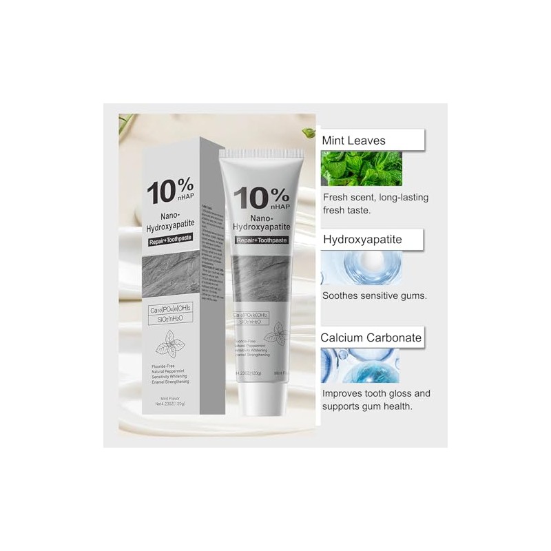 Hydroxyapatite Toothpaste, 10% Nano Hydroxyapatite Toothpaste, Natural and Fluoride-Free, Gentle