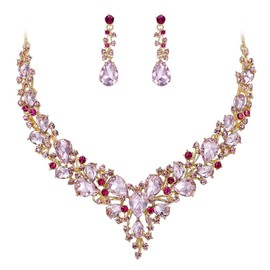 BriLove Wedding Bridal Necklace Earrings Jewelry Set for Women Austrian Crystal Teardrop Cluster Statement Necklace Dangle Earrings Set Pink Gold-Toned