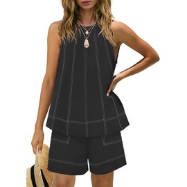 Panadila Womens Summer 2 Piece Sets Beach Vacation Outfits High Neck Tank Top and Shorts Set Resort Wear Matching Clothes (Black,M)