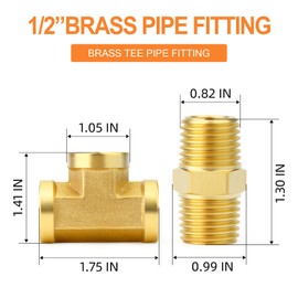 GASHER 2PCS Brass Tee Pipe Fittings, 1/2" NPT Female x 1/2" NPT Female x 1/2" NPT Male Pipe Fittings, Male Run Tee