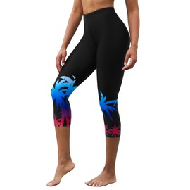 ATTRACO Printed Swim Pants Womens High Waisted Swim Capris Coconut Tree Board Shorts Black Red L