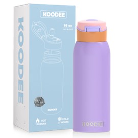 koodee Kids 16oz Free-sip Insulated Stainless Steel Water Bottles with Straw,Quick Flip GO Bounce Cup Thermo-flask,Pop & Fill Double-Wall Vacuum Bottle,Great for School, Sports,Travel(Peach Lavender)