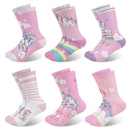 Queenshin Kids Girls Crew Socks Age 5-8 Years Cute Unicorn Rainbow Cartoon Animal Funny Novelty Gifts for Children Breathable Soft 6 Pairs