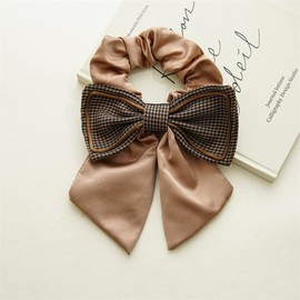 2 Pcs Black Brown Bow Hair Scarf with Ribbon Scrunchies for Women Girls, Ribbon Hair Ties with Bow, Chiffon Hair Ribbon Long Hair Bands Ties Ponytail Holder (Brown)