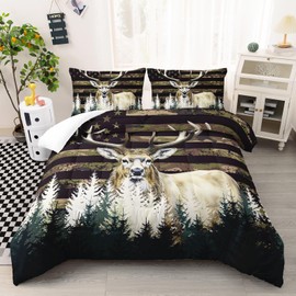 Ntlfup Deer Comforter Sets for Boys Kids Teens American Flag Camo Bedding Sets, Queen SizeWestern Farmhouse Wild Animal Quilt Black White Home Decor 3 Pcs with 1 Comforter 2 Pillowcase
