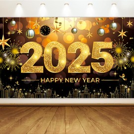 Happy New Year Backdrop for New Year Decor, Black and Gold 2025 New Year Photography Background, New Year Eve Party Banner for New Year Eve Decor Party Supplies Holiday Sign Photo Props 180x110CM