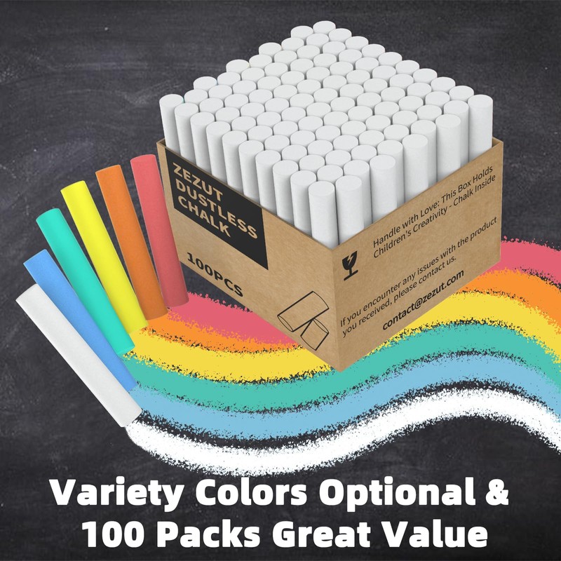 ZEZUT White Chalk 100PCS, Low Dust Chalks Stick Bulk for