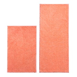 Civkor Long Bathroom Rugs Runner, Bath Mat Set 2 Pieces, Coral/Light Orange Chenille Bath Runner Rug 47x20 and 31x20 Inch Non Slip Backing Extra Soft & Absorbent Bathroom Mats, Machine Washable