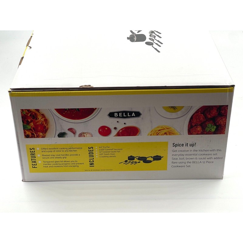 BELLA 12 Piece Nonstick Kitchen Essentials Cookware Set black New