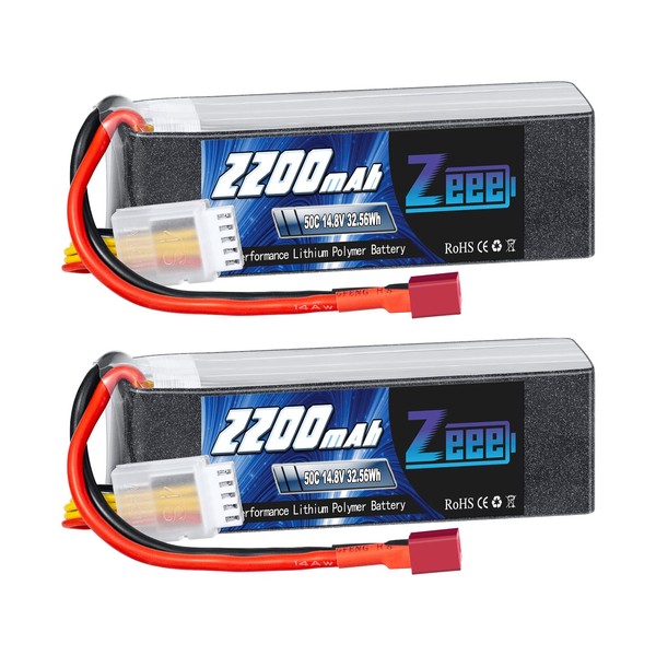 Zeee 14.8V 2200mAh 50C 4S Lipo Battery with Deans T Connector for RC Car Boat Truck Helicopter Airplane UAV Drone FPV RC Hobby (2 Pack)