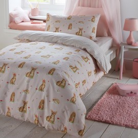 Bedlam - Pink Forest Animals Duvet Cover - Single Bedding Size (200 x 140cm) - Reversible (2 Designs) - Pink Check Duvet Cover - Pink Bedding with Deer, Hedgehog & Squirrel - Woodland Bedding