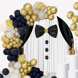 TTQYFNM 7.5x7.5ft Gentleman Tuxedo Round Backdrop Cover Black and White Suit Bow Tie Photography Background for Boys Baby Shower Adults Man Father Birthday Bridegroom Wedding Party Dinner Decorations