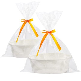Gift Basket with Wrap Bag & Ribbon – Empty Small Woven Basket (12"x8"x5"), Cute Decorative Storage Organizer for Baby Showers, Pets, Toys, Shelves and More – White, 2 Packs