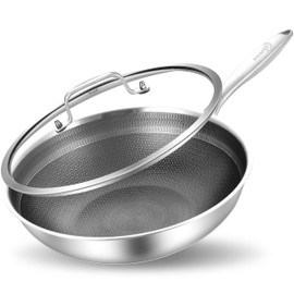 LOLYKITCH Hybrid 10 Inch Tri-Ply Stainless Steel Wok Pan with Lid,Ceramic Non Stick Stir Fry Pan,Induction Cooking Pan,Dishwasher and Oven Safe,Riveted Handle