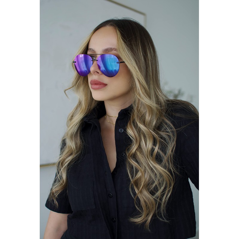 DIFF Lenox Black + Purple Mirror, Designer Oversized Aviator Sunglasses
