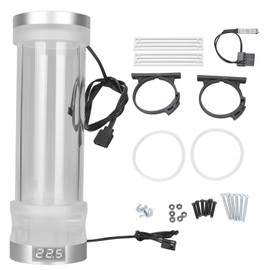 Water Cooling Tank Transparency 210mm Cylinder Temperature Display Reservoir Water Cooling with G1/4 Hole RGB Lighting Silver White Temperature Display