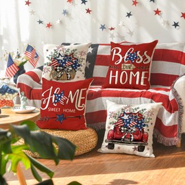AVOIN colorlife Bless Our Home Eucalyptus Stars Fireworks Car Throw Pillow Covers, 20 x 20 Inch 4th of July Patriotic Independence Memorial Day USA Flag Cushion Case for Sofa Couch Set of 4