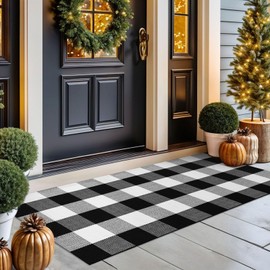 KOZYFLY Buffalo Plaid Area Rugs 2x4.3 Ft Black and White Checkered Rug Washable Front Door Mat Hand Woven Cotton Outdoor Rug Small Rug for Front Porch Kitchen Entryway Patio Bathroom