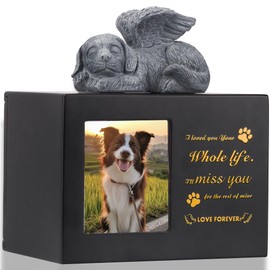 DiDiBirDi Pet Urns for Dogs, Black Wooden Urn for Dog Keepsake for Ashes, Funerary Urns Memory Box with Resin Animal Statue and Sealed Storage Bags (75lbs)