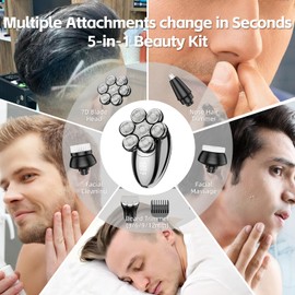 Head Shaver for Bald Men, 7D Electric Rechargeable Wet/Dry Shaving Razor with LED Display,5-in-1 Grooming Kit Waterproof Bald Head Trimmer, Ideal Gift for Men (Silver)