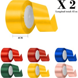 Kit 2 rollos de listón satinado de 4 centímetros de ancho, La longitud total es de 45 m, Ideal para crear moños de regalo, decoración para el Día de San Valentín y el Día de la Madre, Hecho de cinta de satén de colores (Amarillo, 2 Rollos)