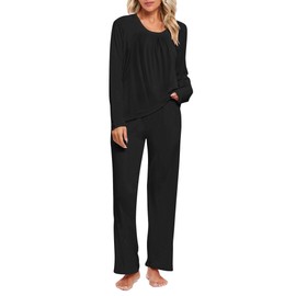 Famulily Ladies Loungewear Cotton Two Pieces Pj’s Sets Tunics Top & Long Bottoms Nightwear with Pockets Elastic Waist Black S