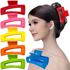 RC ROCHE ORNAMENT 6 Pcs Rectangle Hair Claw Clips Glossy No Slip Grip Strong Hold for Thick & Fine Hair, Large Rainbow Multicolor