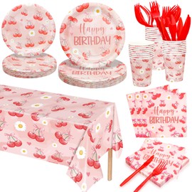 Cherry Birthday Party Decorations Supplies, 146PCS Disposable Party Tableware Set Serves 24, Includes Dinner Plates, Dessert Plates, Cups, Napkins, Forks, Knives & Tablecloth
