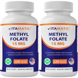 Vitamatic Methyl Folate 15mg – 120 Vegetable Capsules - 2 Pack Optimized and Activated High Potency – Metabolically Active Folate