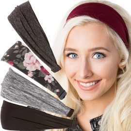 Hipsy Adjustable Cute Fashion Sports Headbands Xflex Wide Hairband for Women Girls & Teens (5pk Black/Grey/Floral/Charcoal/Burgundy Xflex)