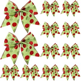Fvviia 12pcs Christmas Bows Ornaments 6 Inch Large Christmas Wreath Bows Red Green Xmas Tree Bows Christmas Glitter Dot Bows Ribbons Decoration for Garland Wedding Home Holiday Party (Glitter Pattern)