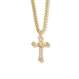Extel 1-1/8 Inch Two-Tone 14KT Gold Plated Over Sterling Silver Dove and Budded Ends Cross Pendant Charm Necklace for Women with 18 inch Stainless Steel Gold Plated Curb Chain