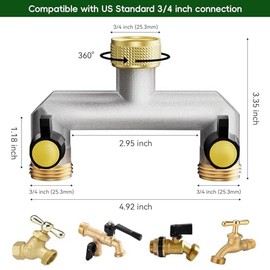 SIGANDG Brass Double Outlet Tap, Brass 2 Way Distributor, Tap Water Distributor, 3/4 Inch Female Thread to 2-Way 3/4 Inch Male Thread, for Regulating and Cutting Water Flow