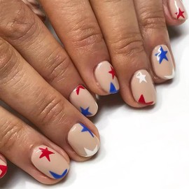 4th of July Press on Nails Short Square Fake Nails Nude Full Cover Glossy Glue on Nails Red Blue Star False Nails with Designs Acrylic Nails America Flag Artificial Nails for Women Girls 24Pcs