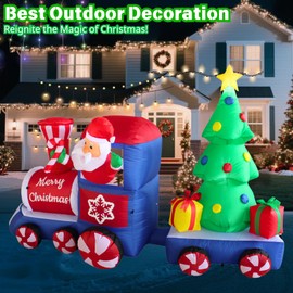 PTS 7FT Inflatable Train with Santa and Tree Outdoor Decoration, Christmas Blow Up Yard Decorations, Built-in LED Lights Inflatables Xmas Holiday Funny Decor for Indoor Lawn Garden