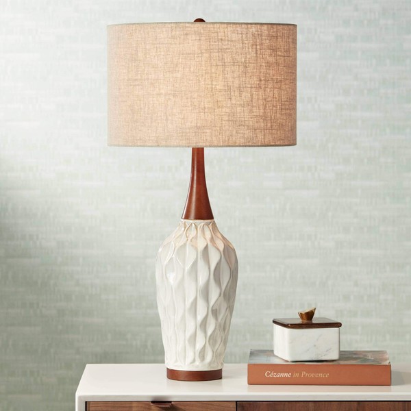 Rocco Mid Century Modern Table Lamp White Geometric Ceramic Wood