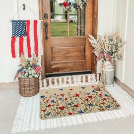 Artoid Mode Red Blue Star Flowers Patriotic 4TH of July Doormat, Memorial Day Home Decor Low-Profile Switch Rug Door Mat Floor Mat for Indoor Outdoor 17x29 Inch