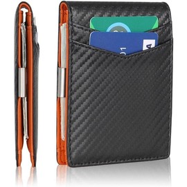Minimalist Wallet for Men and Women - RFID Blocking  Slim Wallet with 12 Credit Card Slots,  clip (Matte Black & Orange) - Color: Carbon Black & Orange