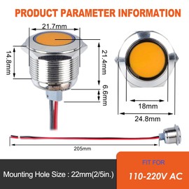 DMWD 2PCS 22mm Metal Indicator Light Mounting Hole 7/8", 110-220VAC 20mA Waterproof IP67 Single lamp LED Pilot Lamp Flat Head with 20cm/7.87in. Wire for Car Truck Boat(Yellow LED)