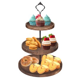 Tibapla 3 Tier Wooden Cupcake Stand, Wooden Tiered Tray Stand with Metal Handle, Vintage Round Cupcake Tower Stand for Home Office Wedding Birthday Baby Shower Tea Party Server