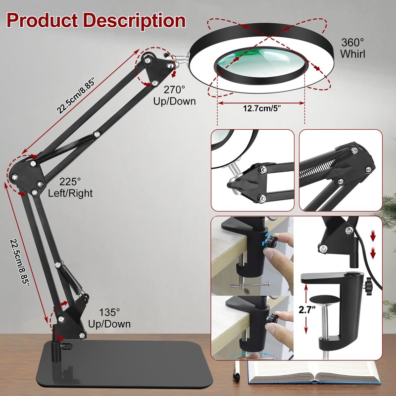 12X Magnifying glass with Light and Stand,5 Inches 2-in-1 Lighted