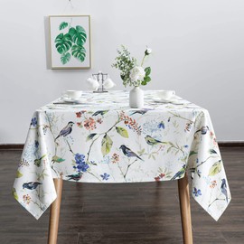 VOGOL Linen Rectangle Tablecloth - 52 x 102 Inch - Birds and Floral Print Country Style Durable Dust-Proof Table Cloth, Washable Stain Proof Table Cover for Kitchen Dining Table Decorations